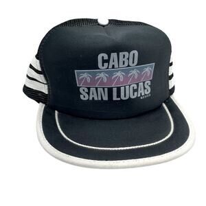 Vintage 1980s Black White Pink Cabo San Lucas Mexico Trucker Hat Cap Adjustable